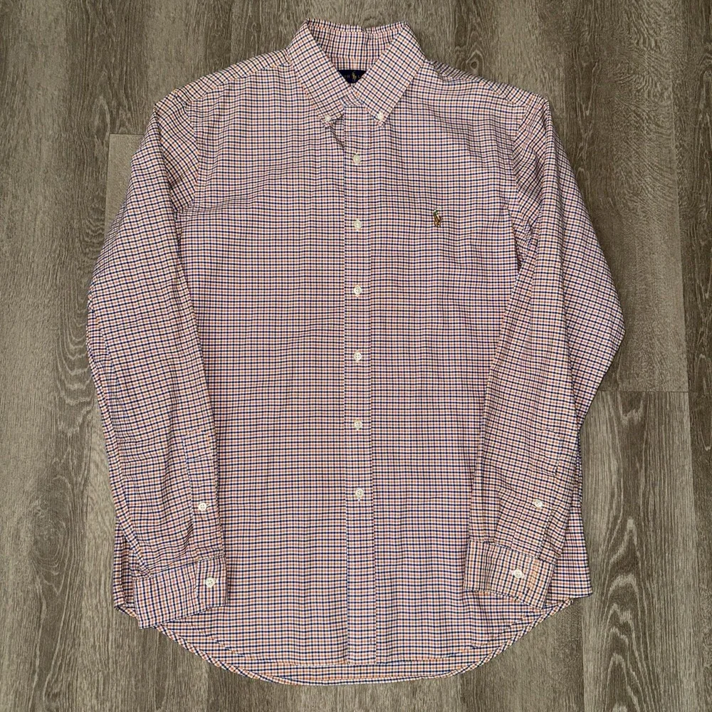 Polo Ralph Lauren Long Sleeve Button Down Oxford Men's Large Orange Blue Check